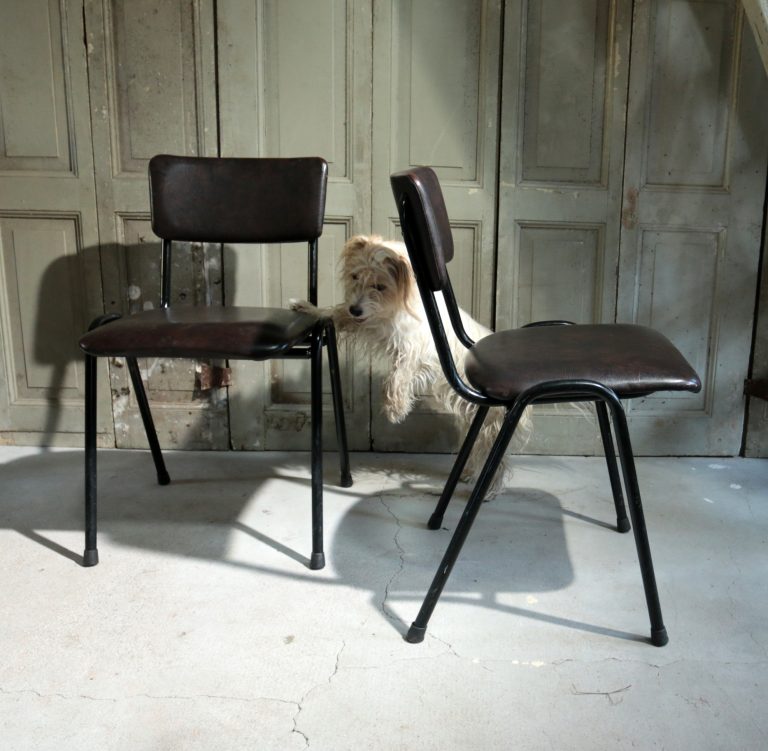 Industrieel Vintage skai beklede schoolstoelen Zwart frame