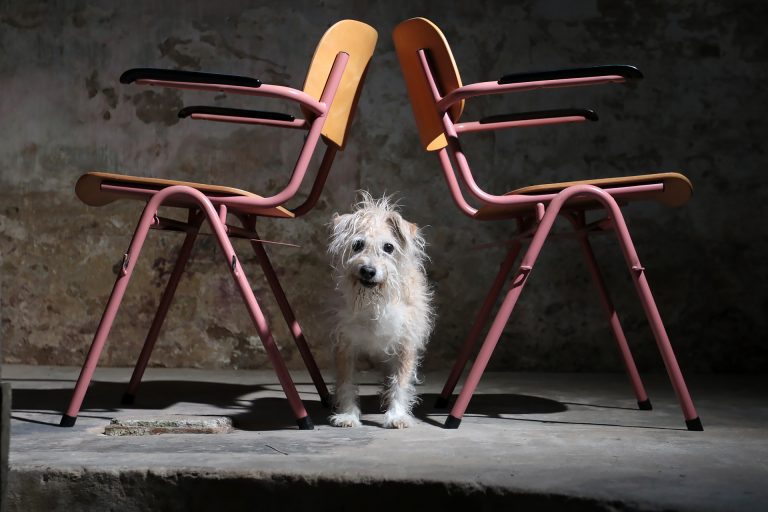 Industrieel Vintage Schoolstoelen Kerkstoelen Roze Frame jaren 80