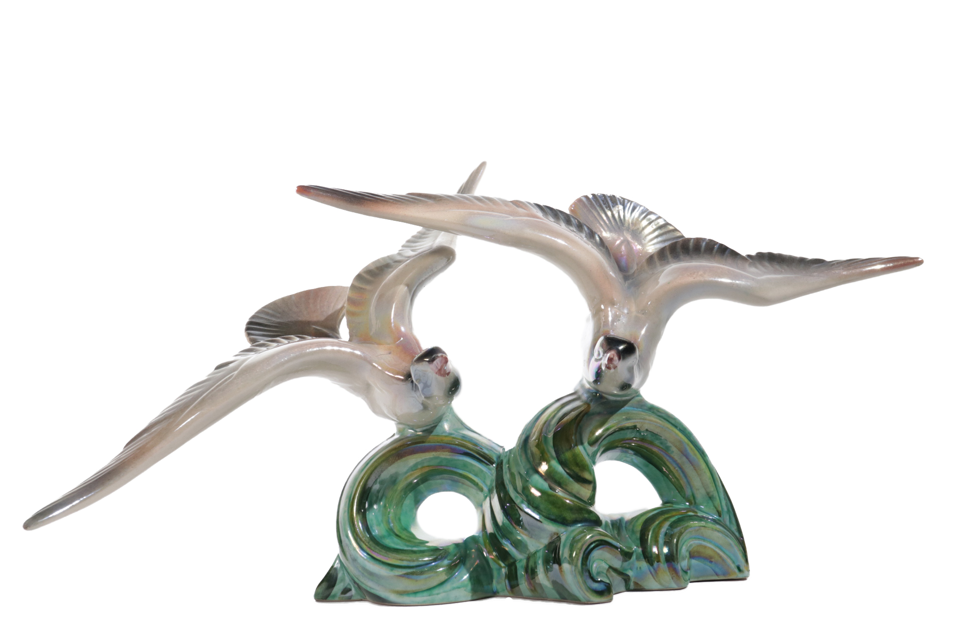 Art deco porseleinen sculptuur vliegende vogels iriserend – foto 1