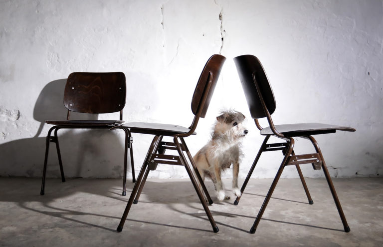 Industrieel Vintage donkere schoolstoelen Marko jaren 70 stapelbaar