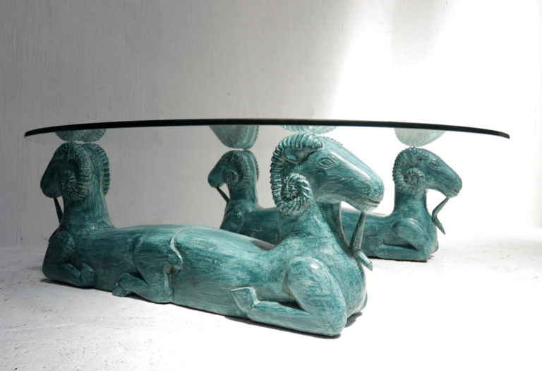 Vintage Boho Chic, Hollywood Regency,  Double Lying Rams Coffee Table, 1980s