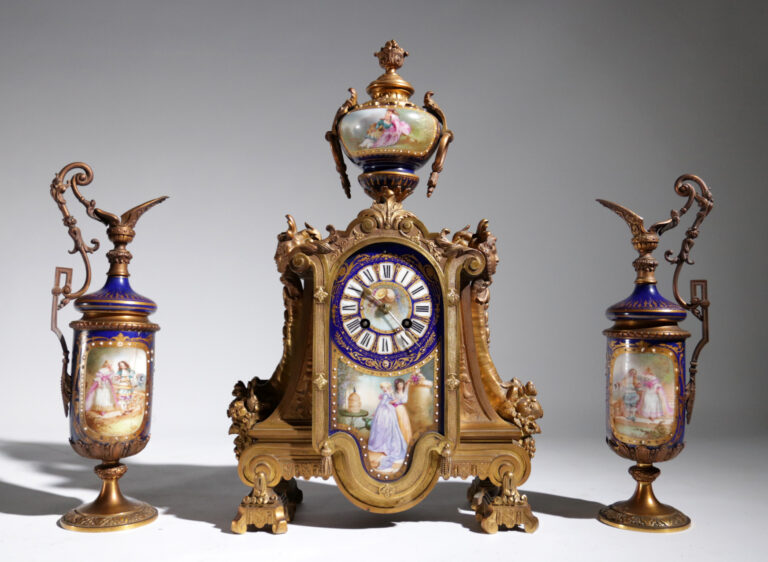 Gilt Bronze Sevres Style Clock Garniture, 19th Century