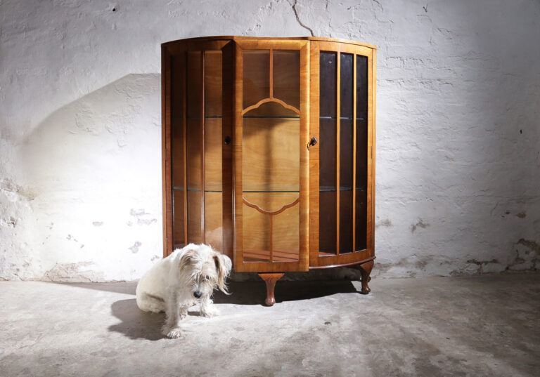 Early 20th Century English Half Round Walnut Vitrine Display Cabinet