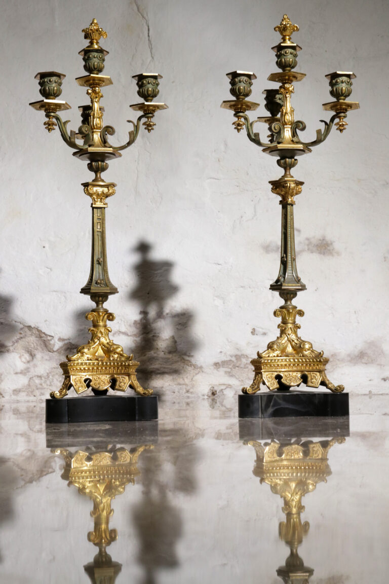Pair of French Gilt and Patinated Bronze 19th Century Candelabra
