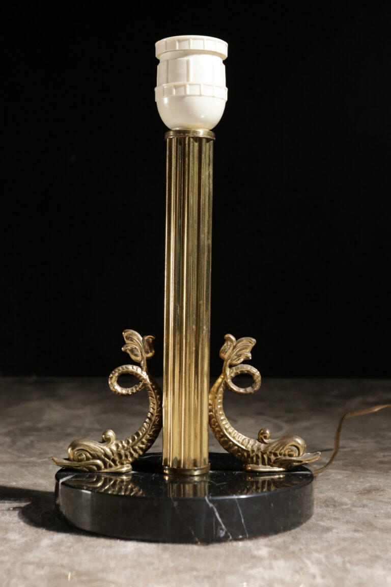 Midcentury French Fish Lamp Brass Black Marble, 1950s