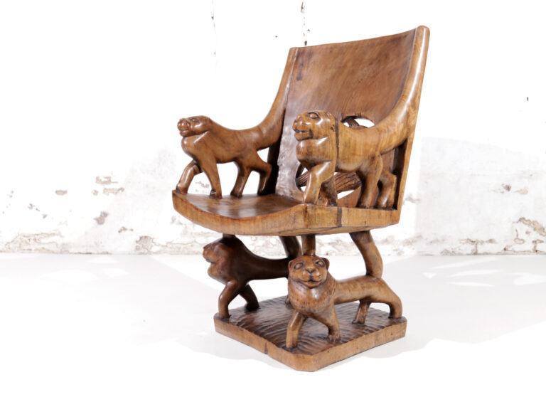 Exquisite African Sculptural Lion Throne 1 piece of solid hand carved wood-1