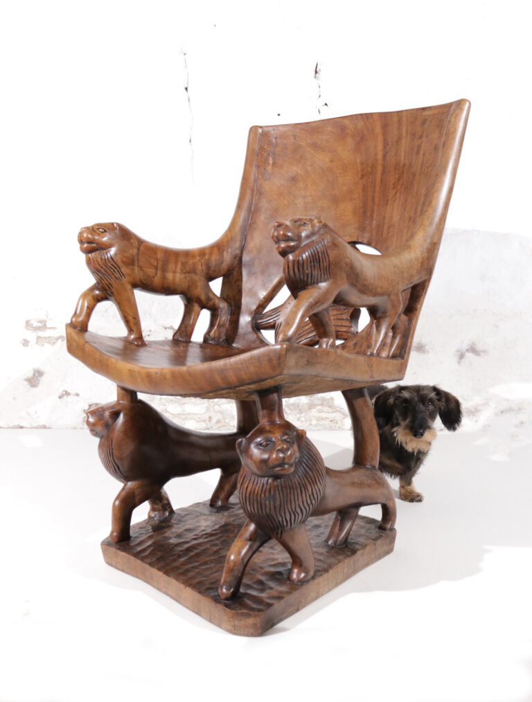 Exquisite African Sculptural Lion Throne 1 piece of solid hand carved wood-2