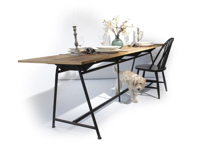 XL Industriële Prouve stijl tafel oude eiken vloerdelen blad