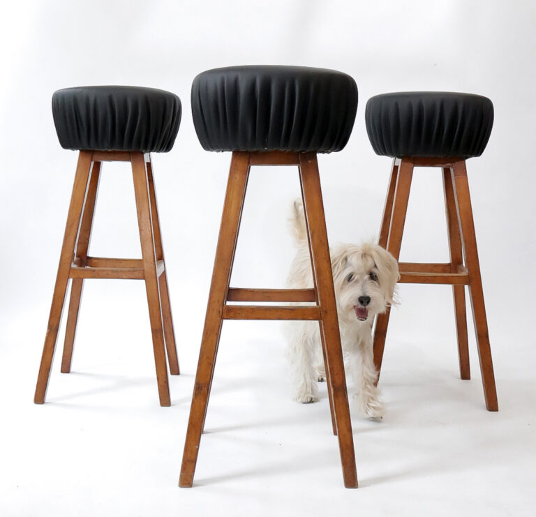 Vintage Design Barkrukken Hout & Zwarte Skai jaren 60