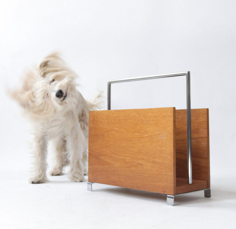 Mid-Century Modern Magazine Rack Teak Chrome 60’s
