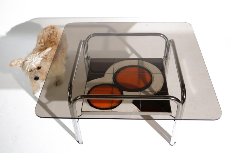Vintage Design salontafel tegels rookglas chroom jaren 70