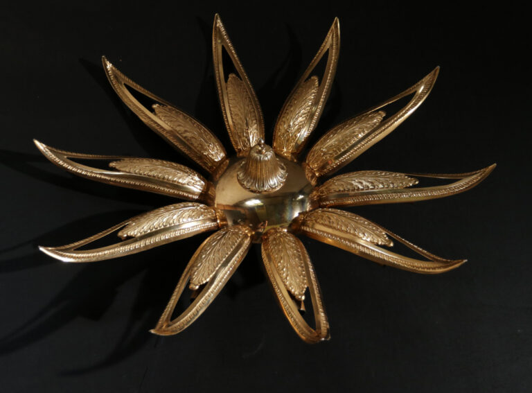 Large gilt metal sunburst ceiling lamp 10 leaf-shaped arms 1950’s