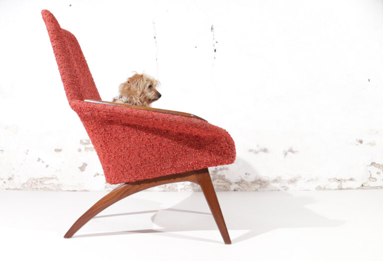 Danish Midcentury Easy Chair Teak red Boucle Wool 1950’s