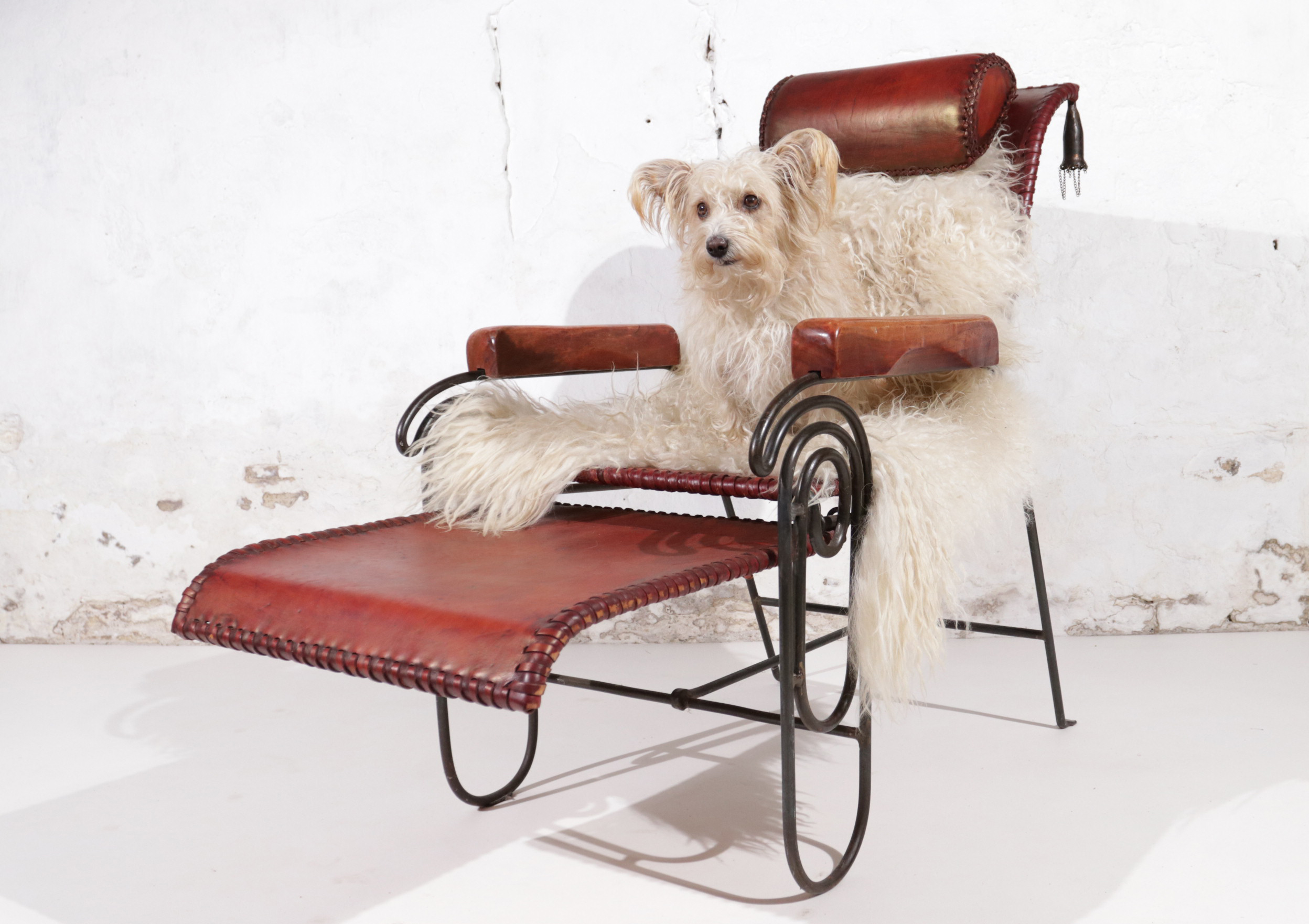 Franse art deco loungestoel smeedijzer leer voetensteun – foto 1
