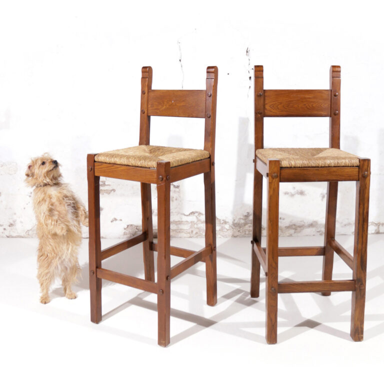 Brutalist Spanish Oak Rush Barstools 70’s