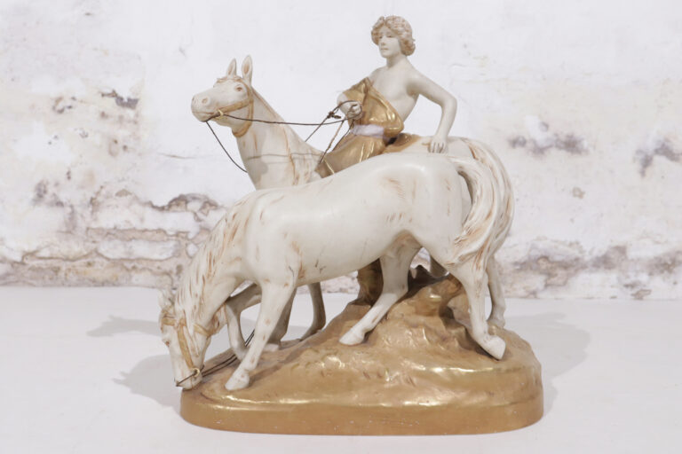 Large Centerpiece Royal Dux Antique Group of a boy riding two horses