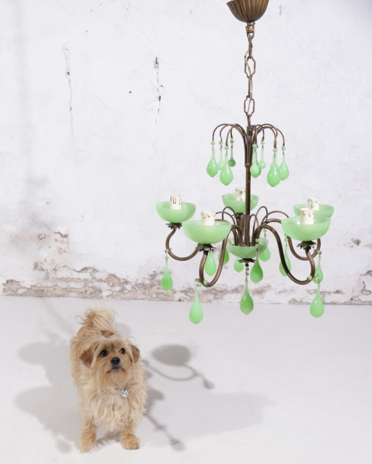 Murano Green Opaline Bobeches, Beads and Drops Chandelier Italy 1930’s
