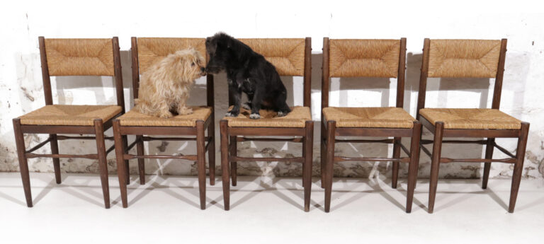 4 Hungarian Pine Rush Dining Chairs in Style of Charlotte Perriand