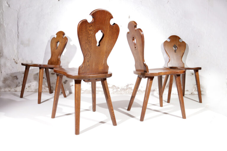 Set of 4 Mid-Century Dutch Brutalist Carved Oak Dining chairs