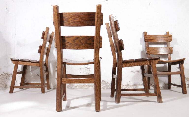 Set of 4 Dutch Brutalist Style Oak Ladder Back Dining Chairs