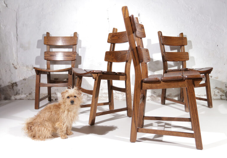 Brutalist eiken ladderback eetkamerstoelen jaren 70 – set van 4, foto 11