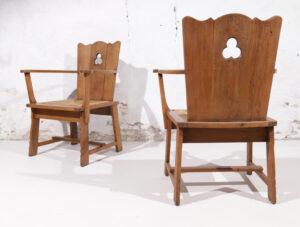 Paar brutalist eiken troonstoelen biezen zitting jaren 30 – foto 3