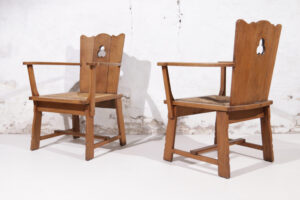 Paar brutalist eiken troonstoelen biezen zitting jaren 30 – foto 13