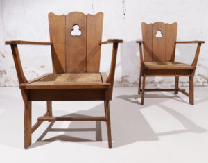 Paar brutalist eiken troonstoelen biezen zitting jaren 30 – foto 16