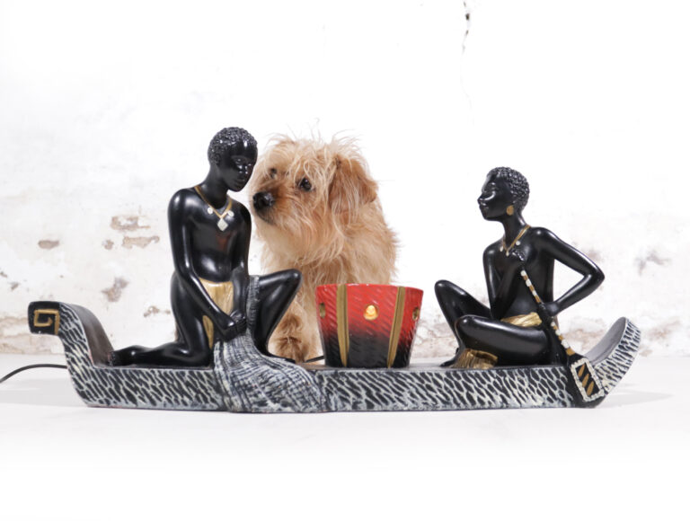 Barsony Duron era. Table lamp Ethnic African Couple In Canoe ’50s