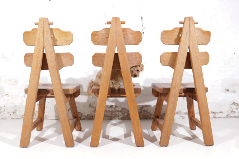 Set of 6 Brutalist Chairs, Solid Oak, Spain, 1970s
