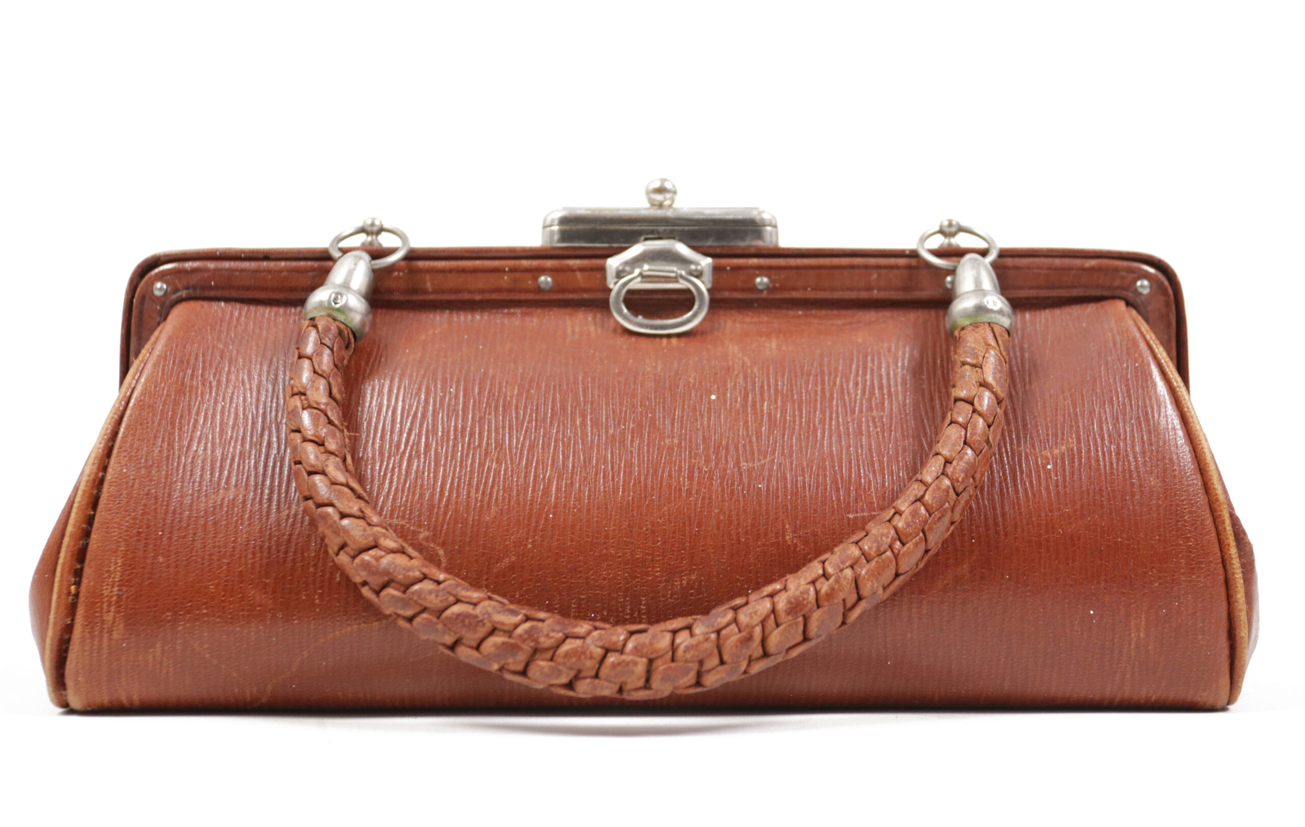 Klein art deco avondtasje bruin geribbeld leer 1920 – foto 4