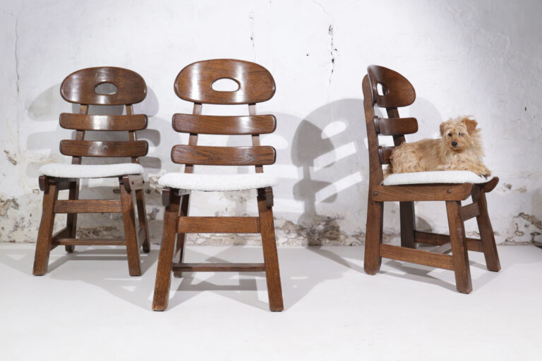 Set of 4 Brutalist Fishbone Chairs Spanish Oak Boucle