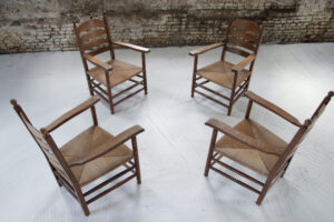 Hollandse eiken ladderback fauteuil met biezen zitting jaren 30 – foto 8
