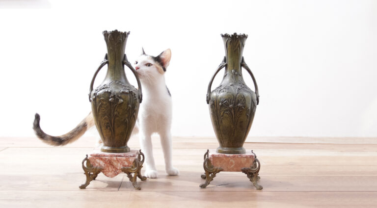 Pair French Art Nouveau bronzed vases floral motif with marble base