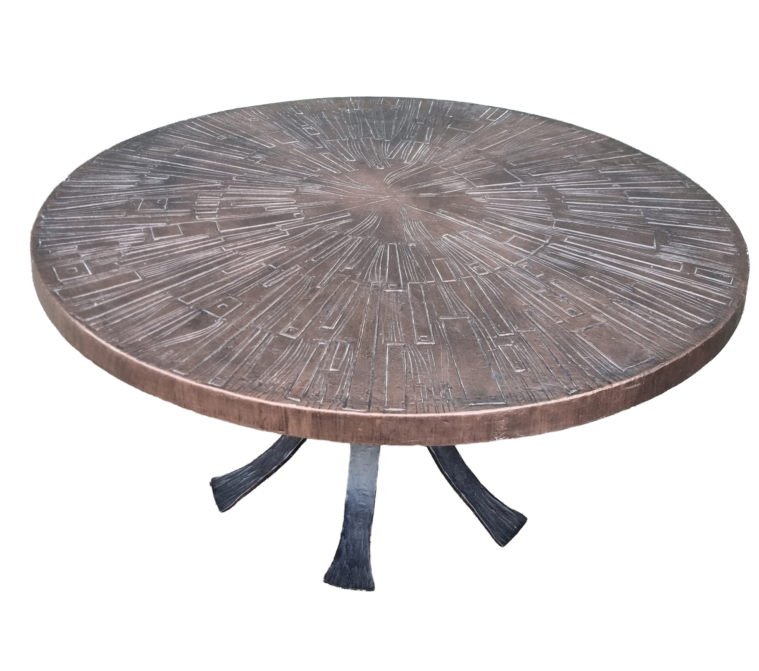 Brutalist smeedijzeren ronde salontafel met bronskleurig zonnestraal blad – foto 1