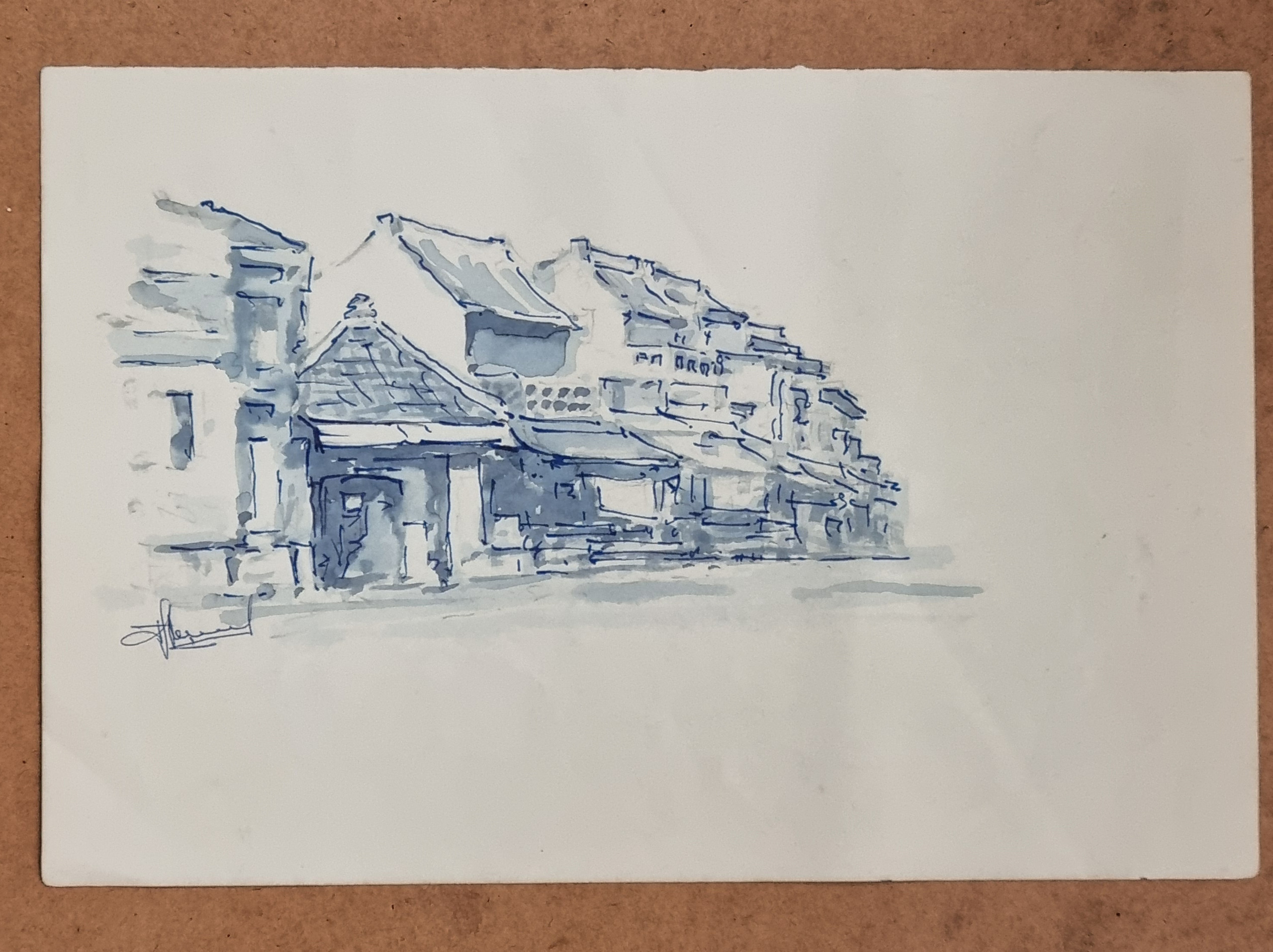 Blauwe inkt aquarel tekening straatje winkelhuizen gesigneerd – foto 1