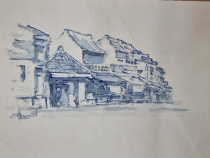 Blauwe inkt aquarel tekening straatje winkelhuizen gesigneerd – foto 2