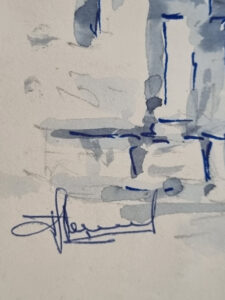 Blauwe inkt aquarel tekening straatje winkelhuizen gesigneerd – foto 3