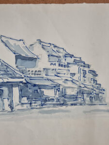 Blauwe inkt aquarel tekening straatje winkelhuizen gesigneerd – foto 4