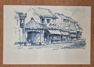 Dubbelzijdige blauwe inkt- en aquareltekening straatje met winkelhuizen – foto 5