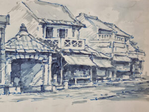 Dubbelzijdige blauwe inkt- en aquareltekening straatje met winkelhuizen – foto 6