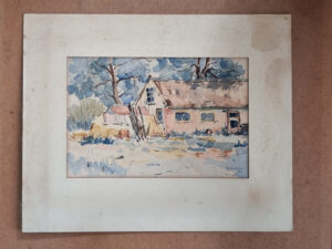 Aquarel roze huis tussen bomen gesigneerd 1913 – foto 1