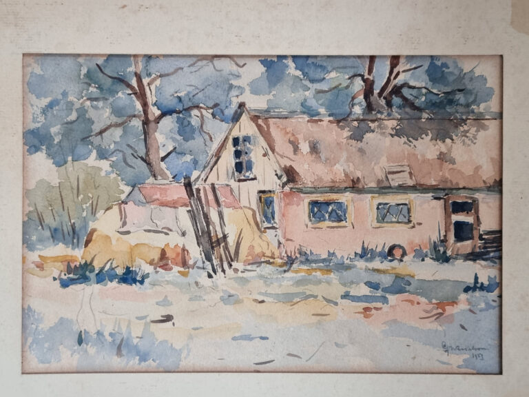 Aquarel roze huis tussen bomen gesigneerd 1913 – foto 2