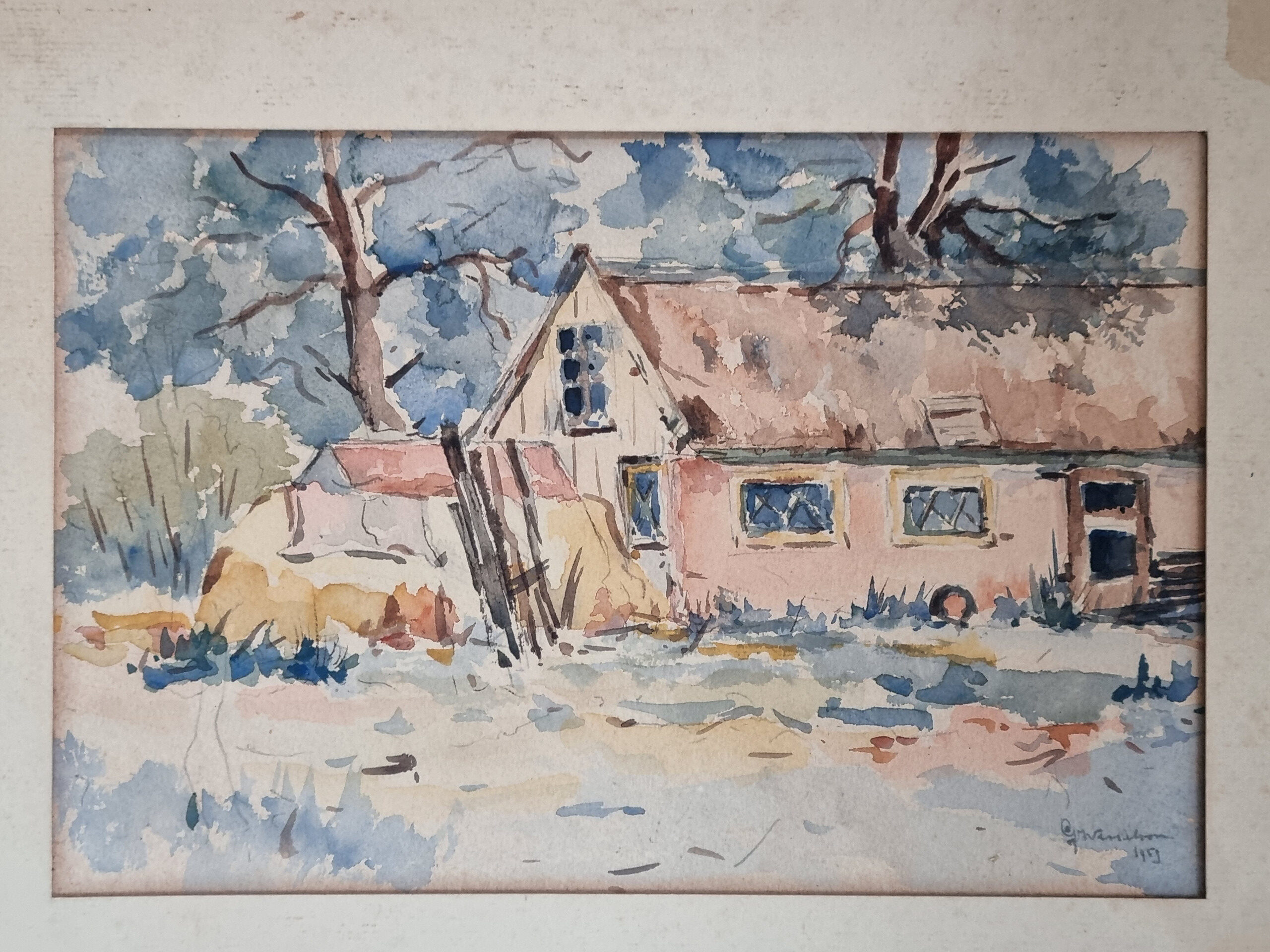 Aquarel roze huis tussen bomen gesigneerd 1913 – foto 2
