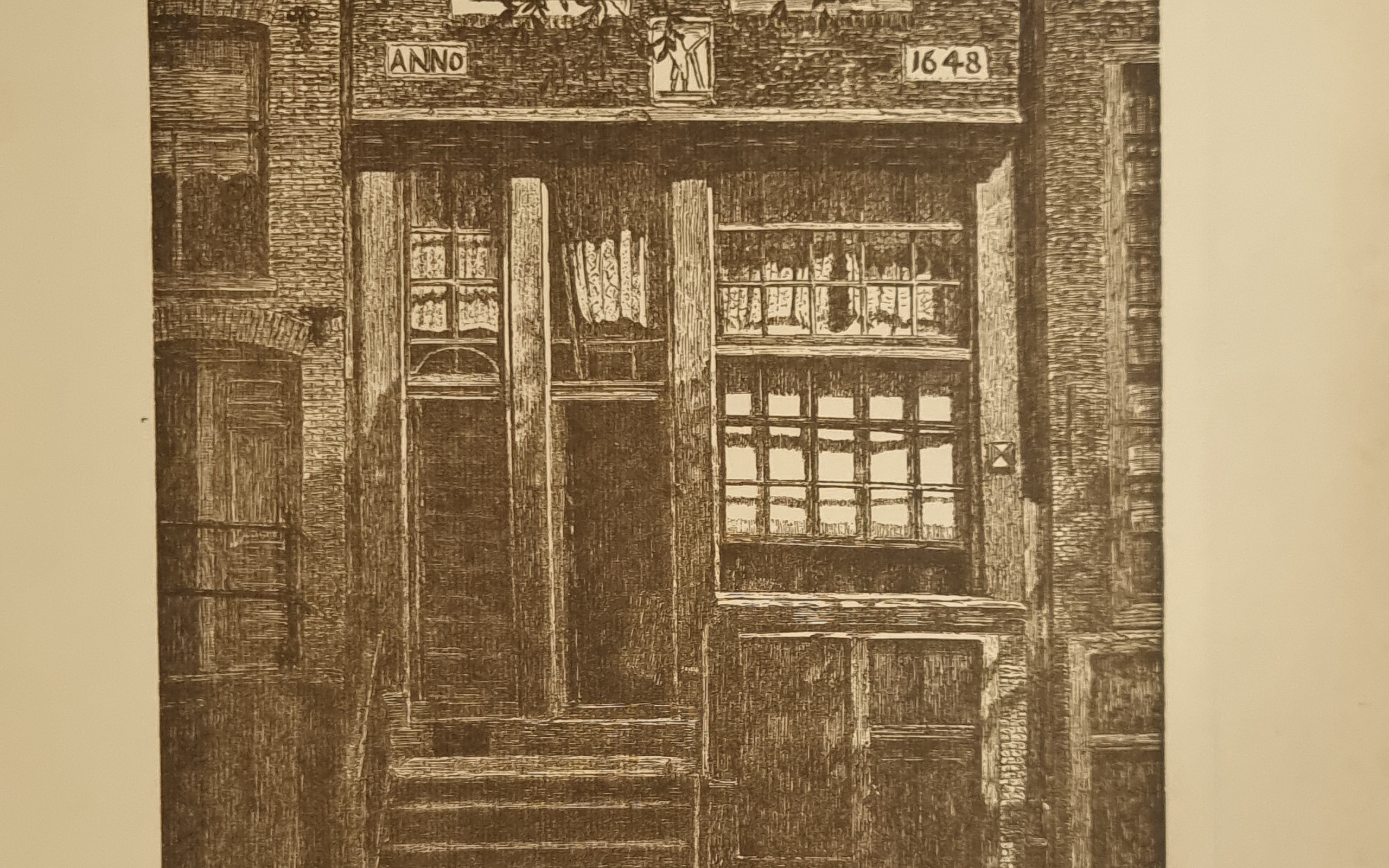 Prent Amsterdamse gevel Anno 1648 gesigneerd D F Eberhardt – hoofdfoto