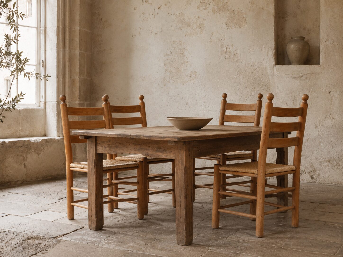 Set van vier Franse ladderback stoelen met biezen zitting – circa 1960