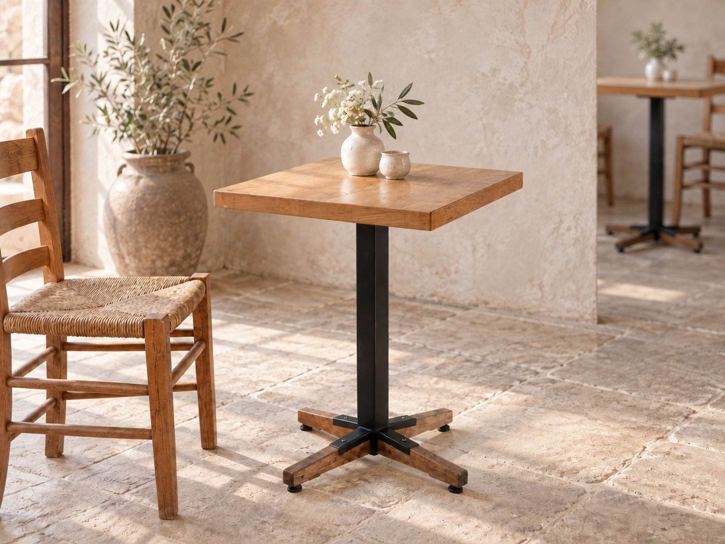 4 vintage eiken cafétafels / bistrot tafels – hout & zwart metaal