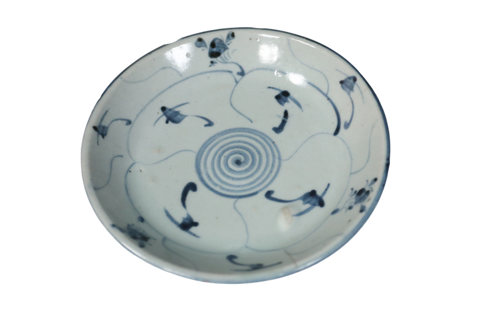 Chinees blauw-wit schoteltje spiraal-lotusdecor Fujian – foto 4