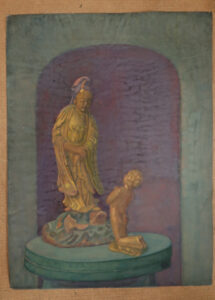 Gouache stilleven vergulde Guanyin beeldjes in nis monogram VK – foto 1