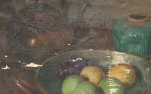 Stilleven gemberpot fruitschaal olieverf – hoofdfoto